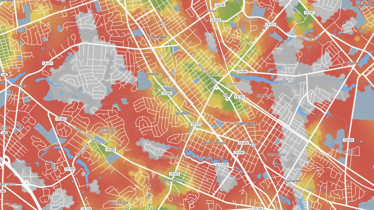 Walk Grade map of Stratford, NJ, walkable areas in green and car-dependent areas in red