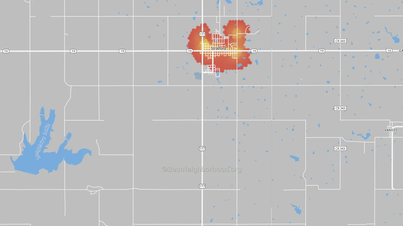 Walk Grade map of Stratford, OK, walkable areas in green and car-dependent areas in red