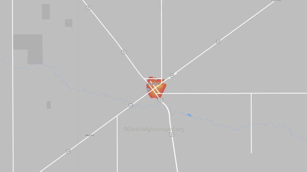 Walk Grade map of Stratford, TX, walkable areas in green and car-dependent areas in red