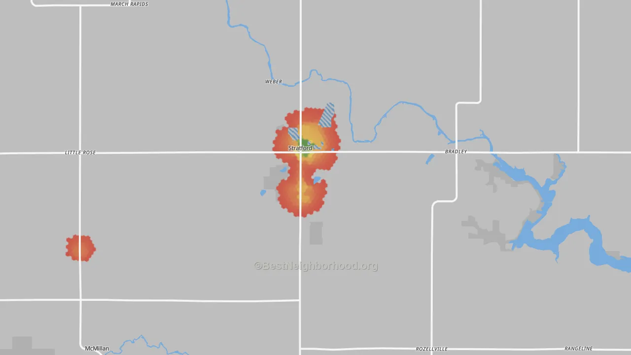 Walk Grade map of Stratford, WI, walkable areas in green and car-dependent areas in red