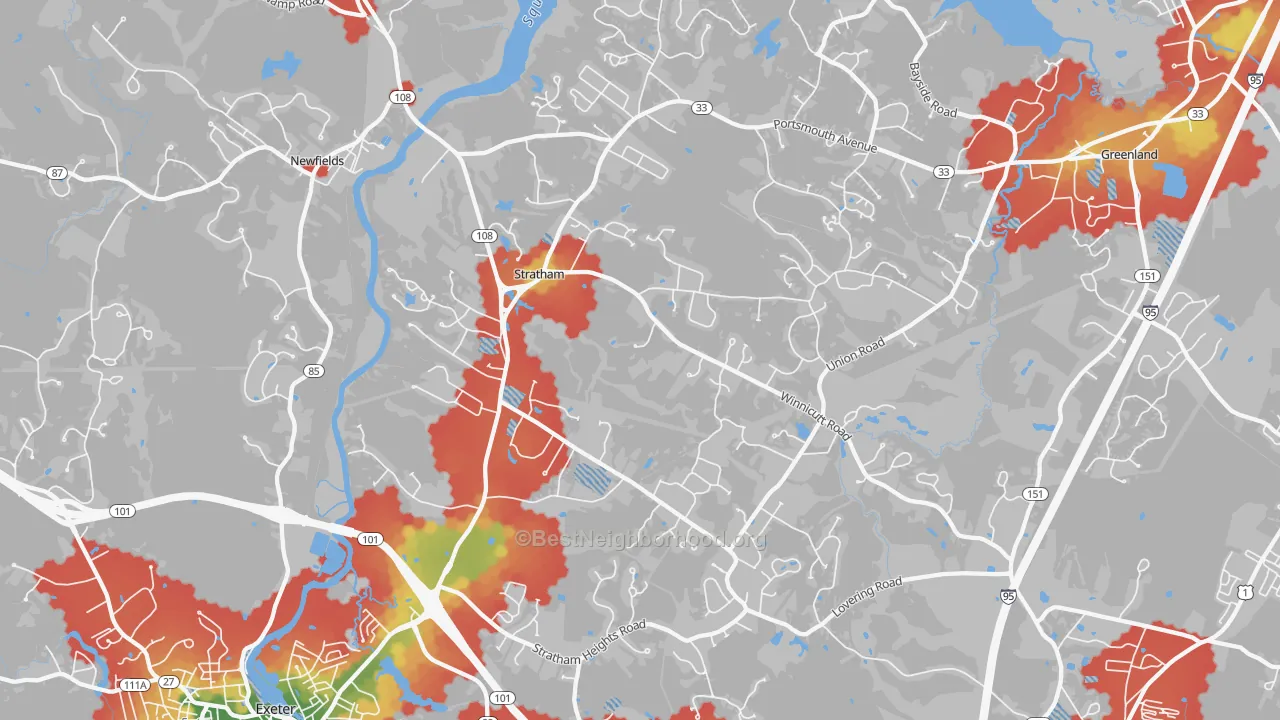 Walk Grade map of Stratham, NH, walkable areas in green and car-dependent areas in red