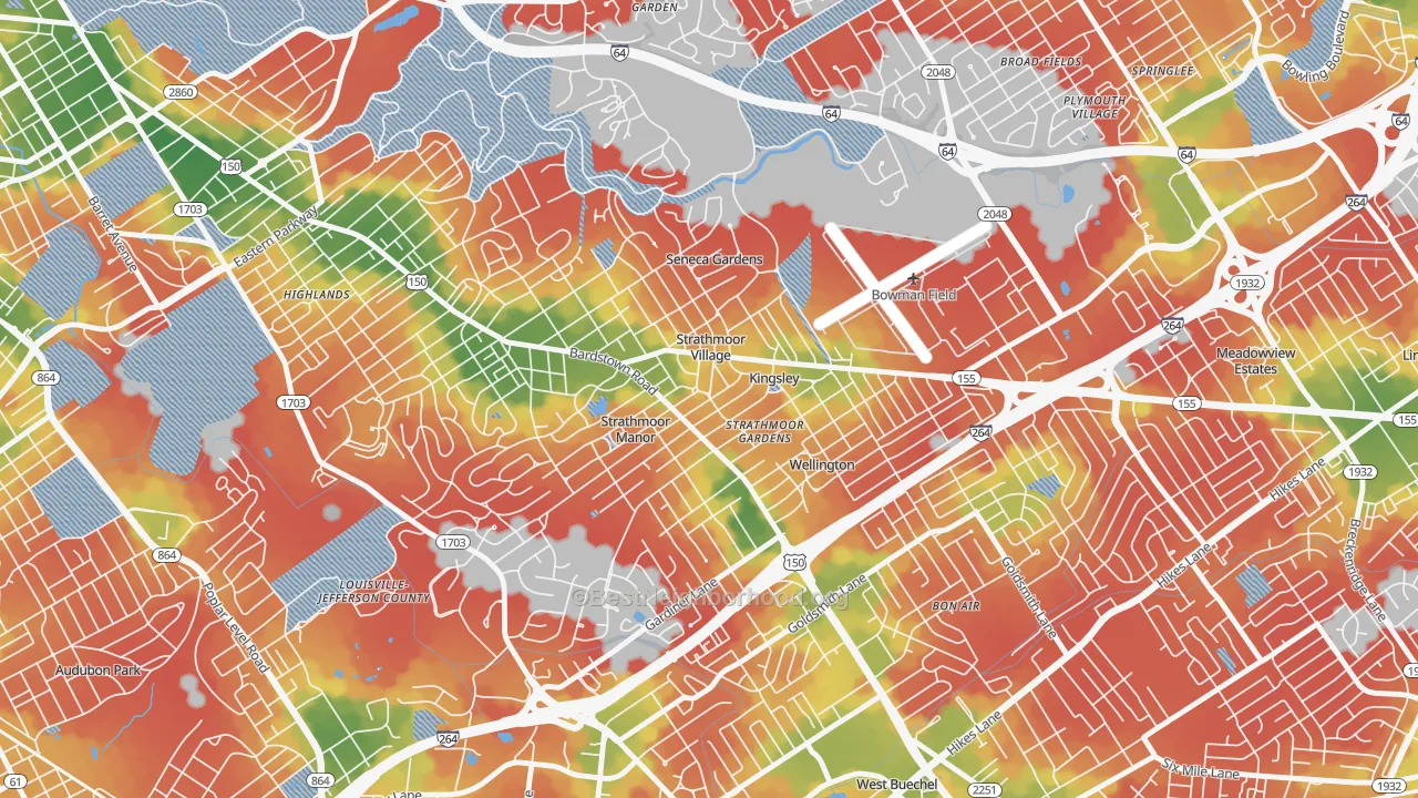 Walk Grade map of Strathmoor Village, KY, walkable areas in green and car-dependent areas in red