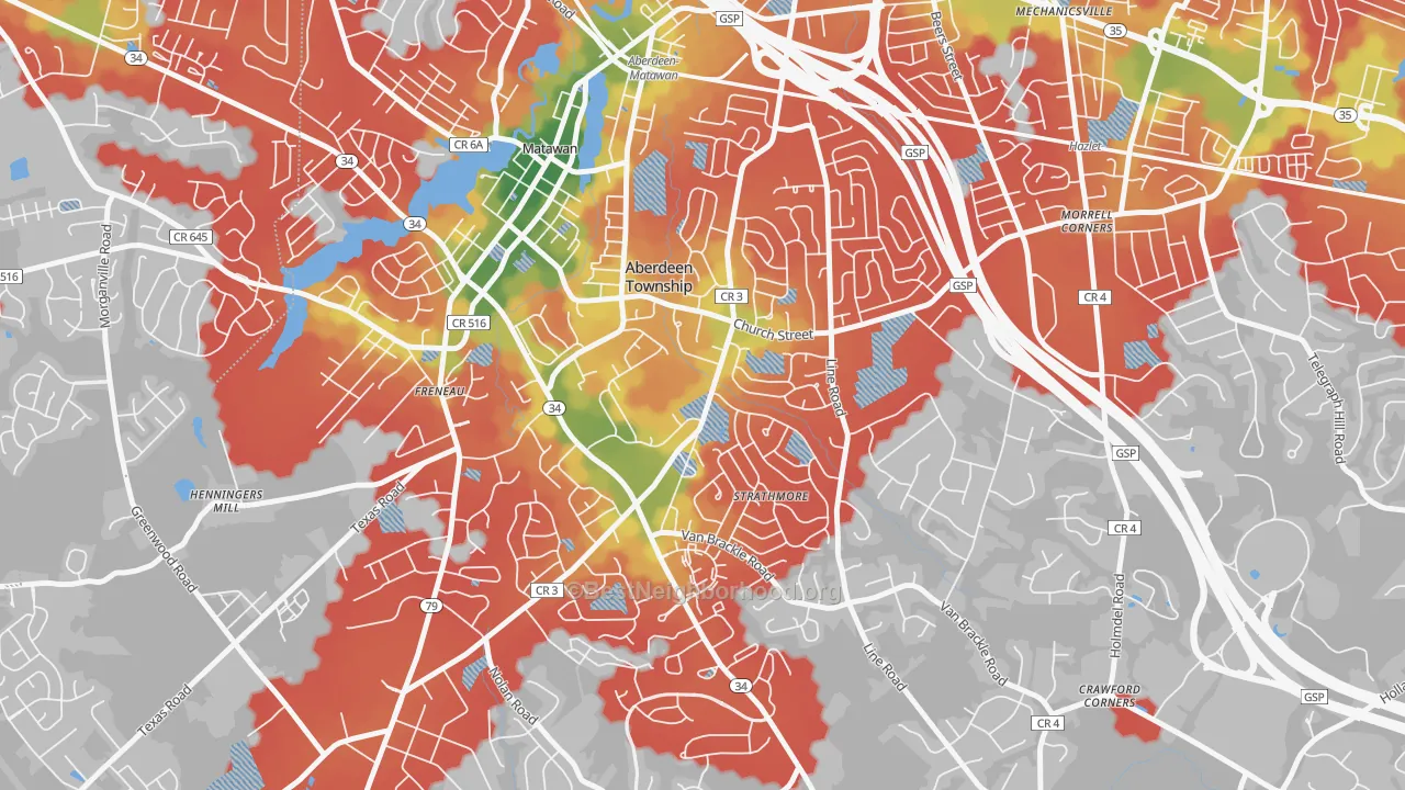 Walk Grade map of Strathmore, NJ, walkable areas in green and car-dependent areas in red