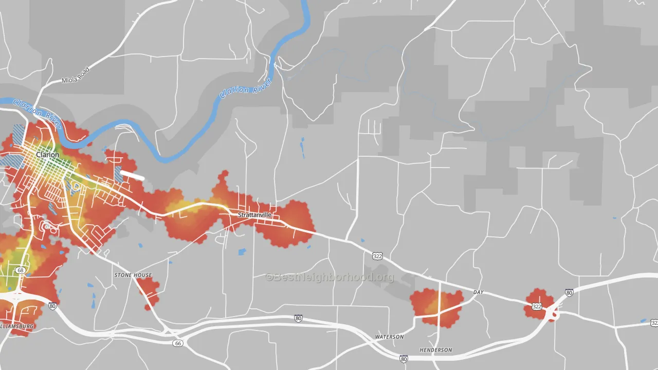 Walk Grade map of Strattanville, PA, walkable areas in green and car-dependent areas in red