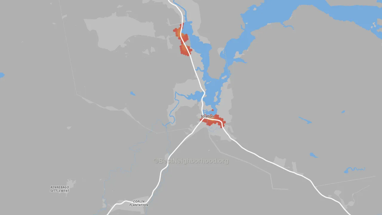 Walk Grade map of Stratton, ME, walkable areas in green and car-dependent areas in red