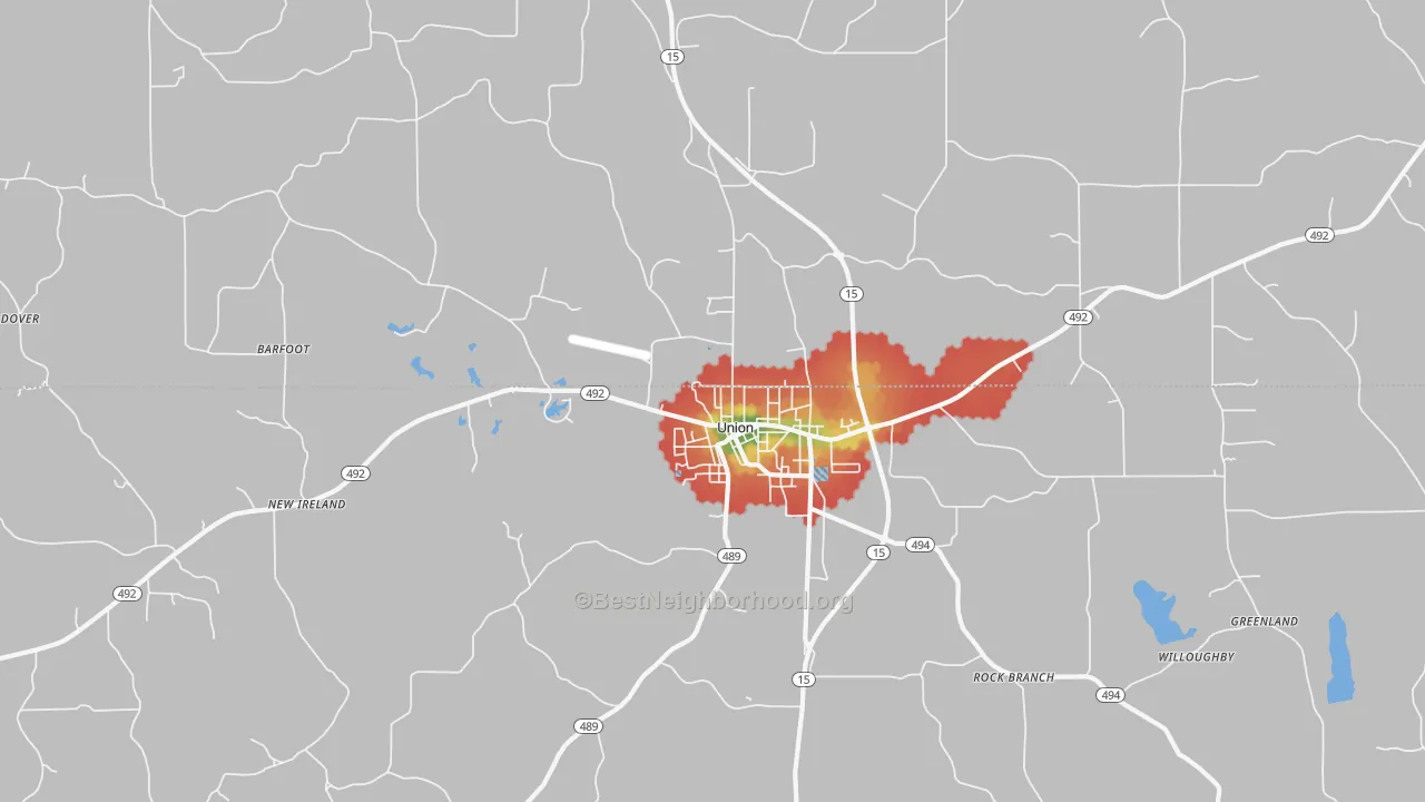 Walk Grade map of Stratton, MS, walkable areas in green and car-dependent areas in red