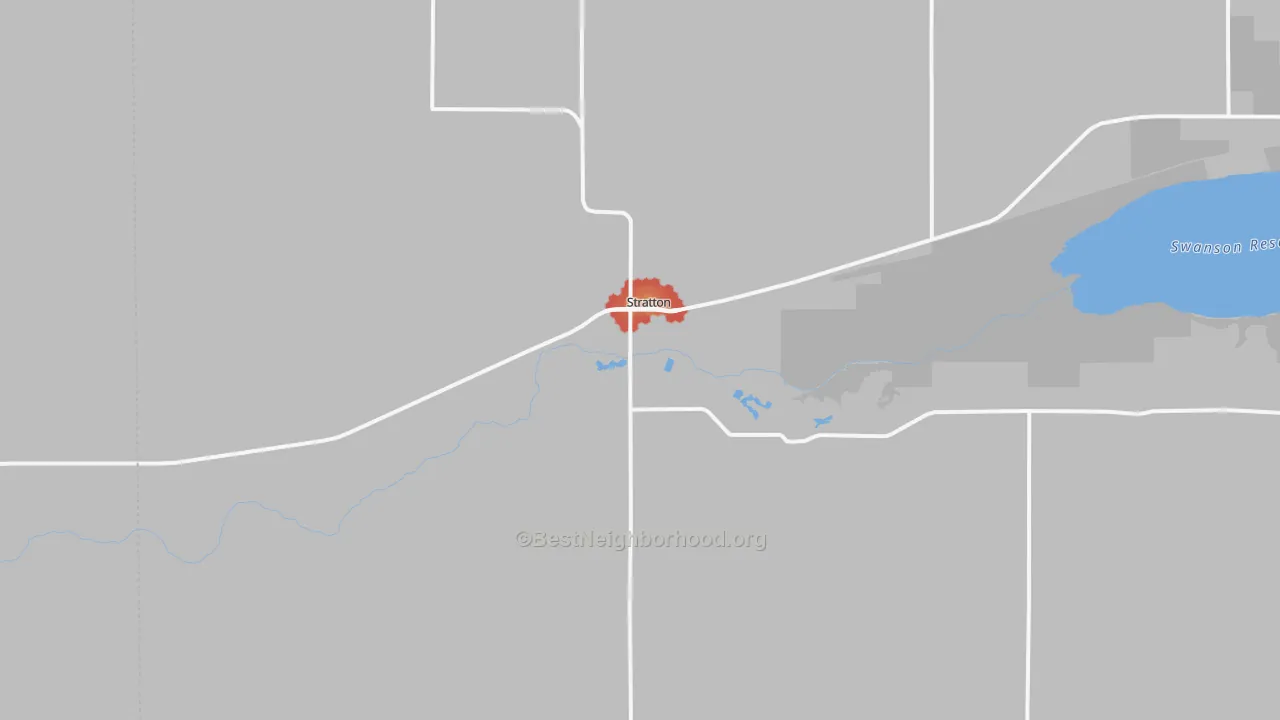 Walk Grade map of Stratton, NE, walkable areas in green and car-dependent areas in red