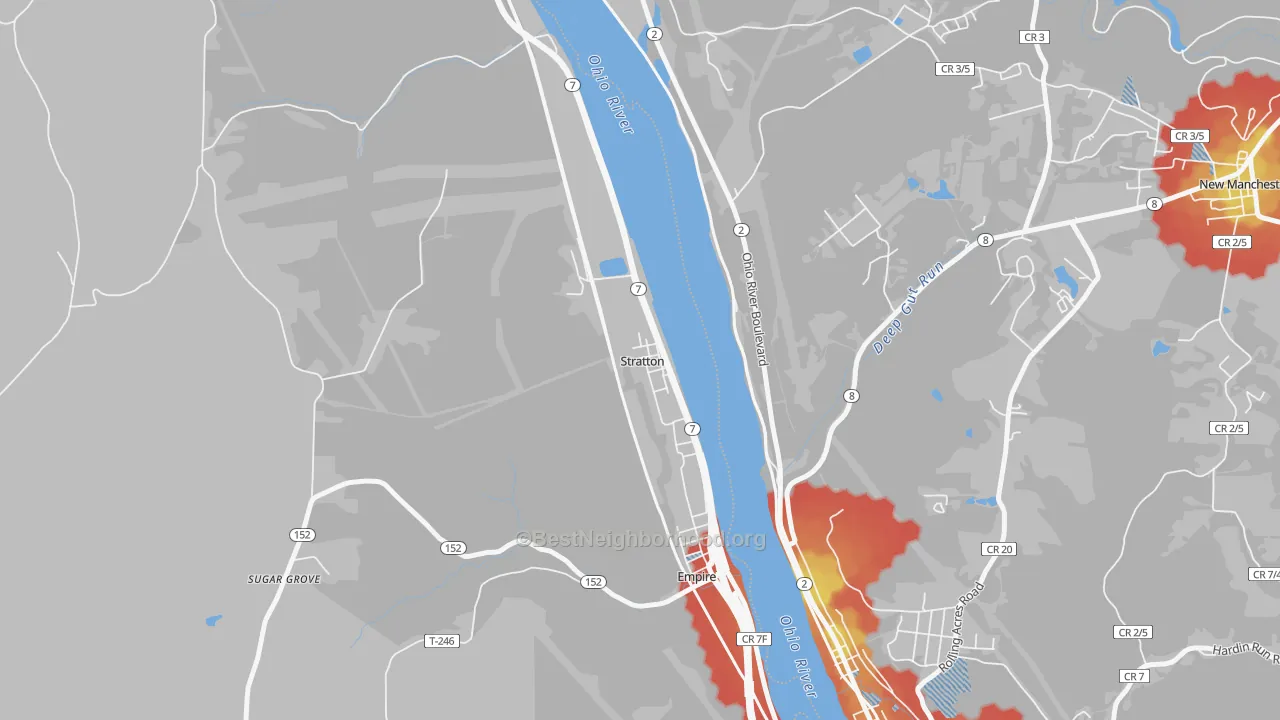 Walk Grade map of Stratton, OH, walkable areas in green and car-dependent areas in red
