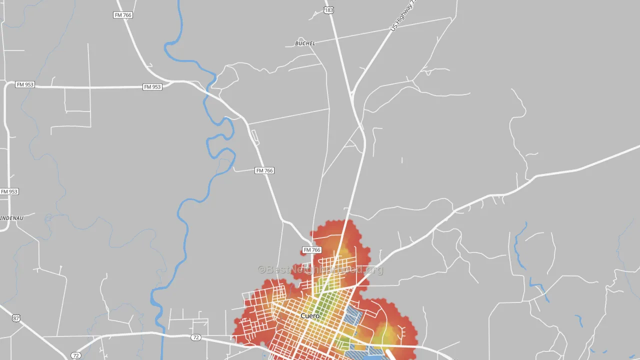 Walk Grade map of Stratton, TX, walkable areas in green and car-dependent areas in red