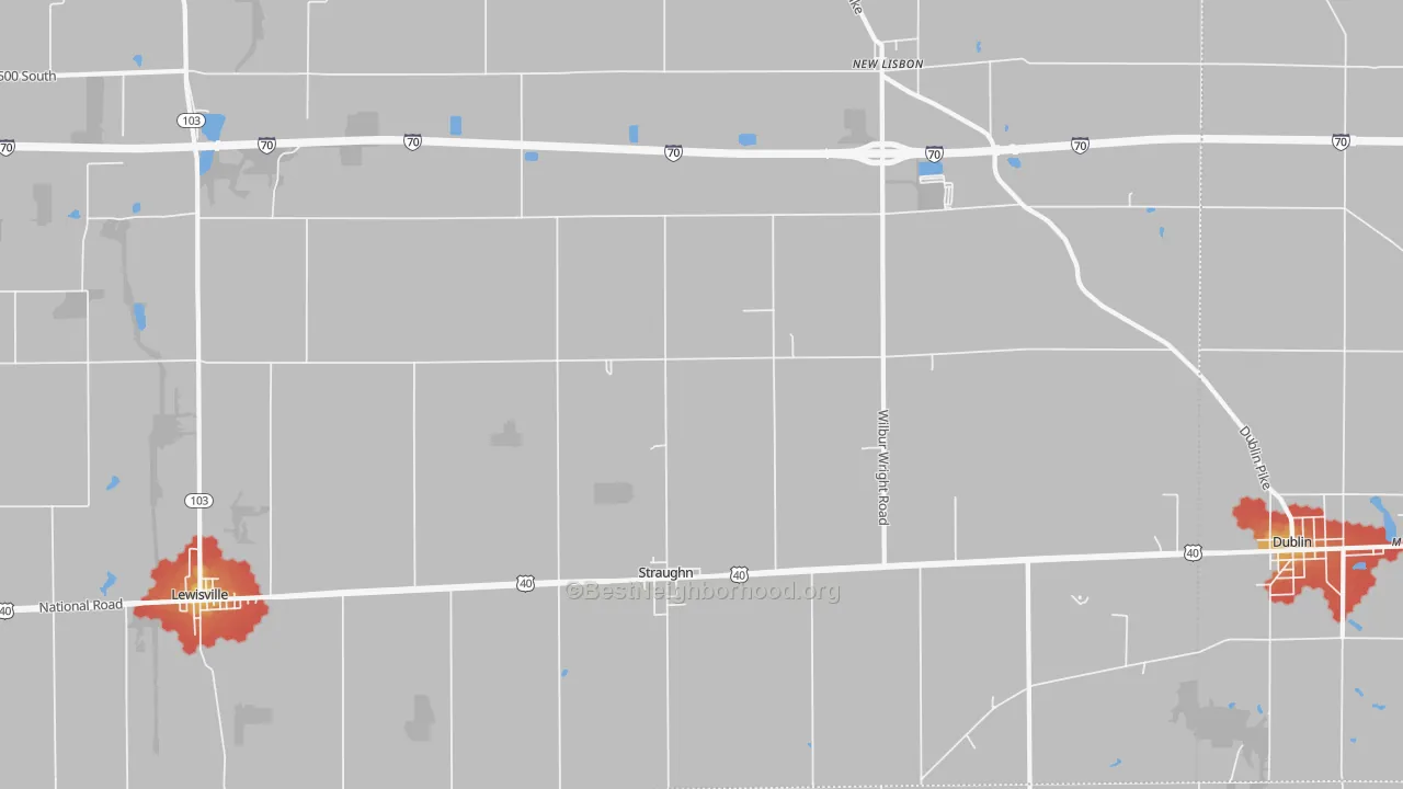 Walk Grade map of Straughn, IN, walkable areas in green and car-dependent areas in red