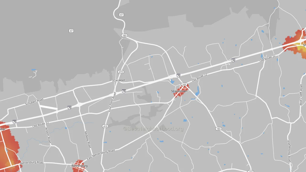 Walk Grade map of Strausstown, PA, walkable areas in green and car-dependent areas in red