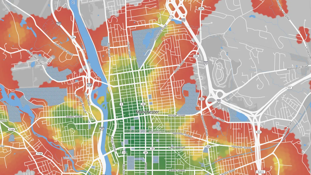 Walk Grade map of Straw-Smyth, Manchester, NH, walkable areas in green and car-dependent areas in red
