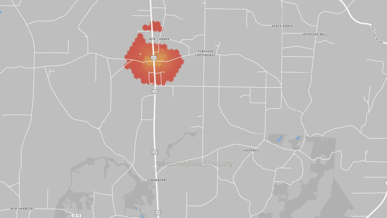 Walk Grade map of Strawberry, AL, walkable areas in green and car-dependent areas in red
