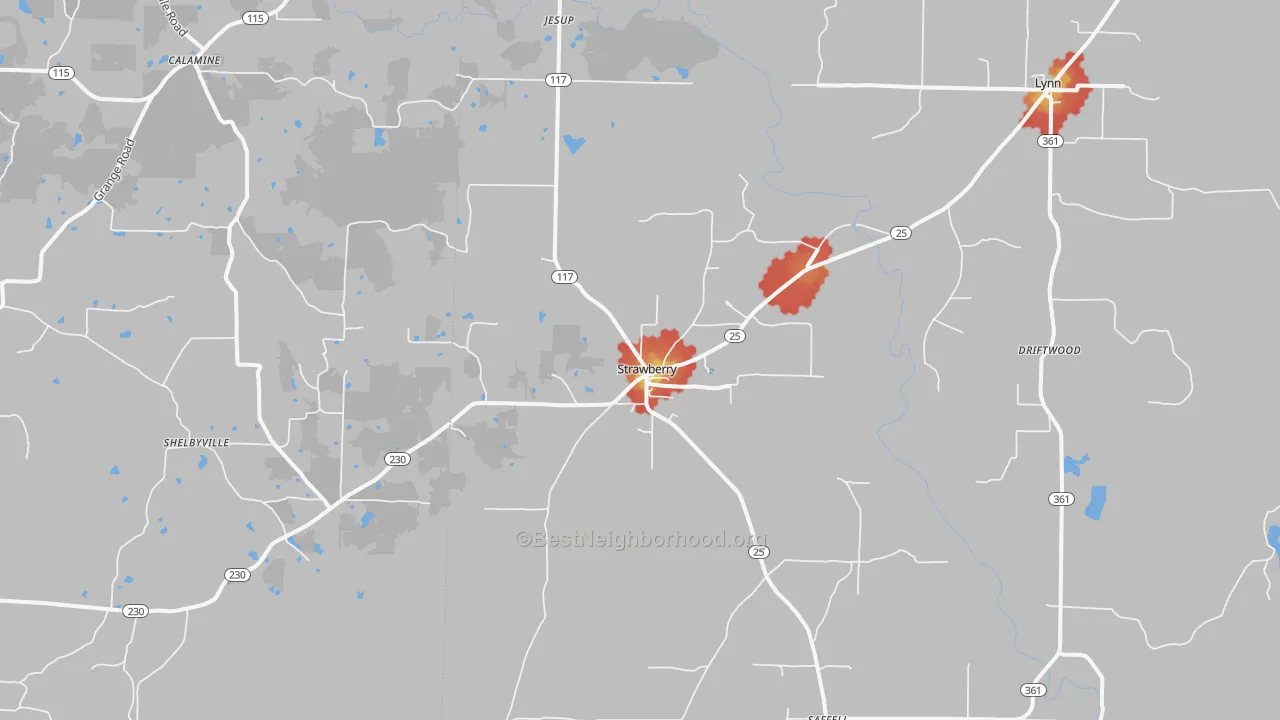 Walk Grade map of Strawberry, AR, walkable areas in green and car-dependent areas in red