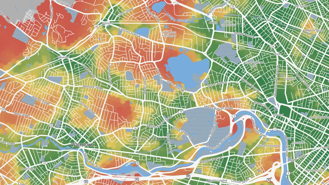 Walk Grade map of Strawberry Hill, Cambridge, MA, walkable areas in green and car-dependent areas in red