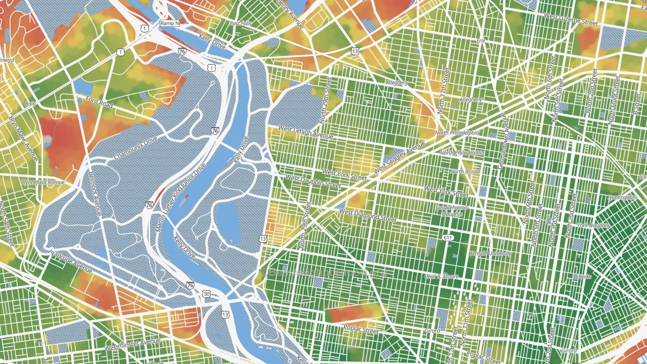 Walk Grade map of Strawberry Mansion, Philadelphia, PA, walkable areas in green and car-dependent areas in red