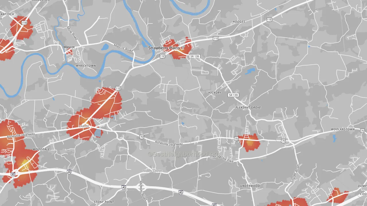 Walk Grade map of Strawberry Plains, TN, walkable areas in green and car-dependent areas in red