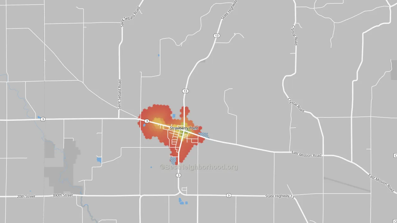 Walk Grade map of Strawberry Point, IA, walkable areas in green and car-dependent areas in red