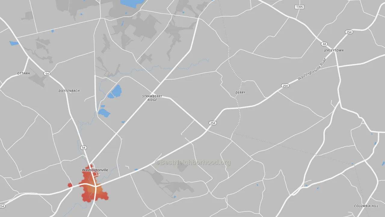 Walk Grade map of Strawberry Ridge, PA, walkable areas in green and car-dependent areas in red