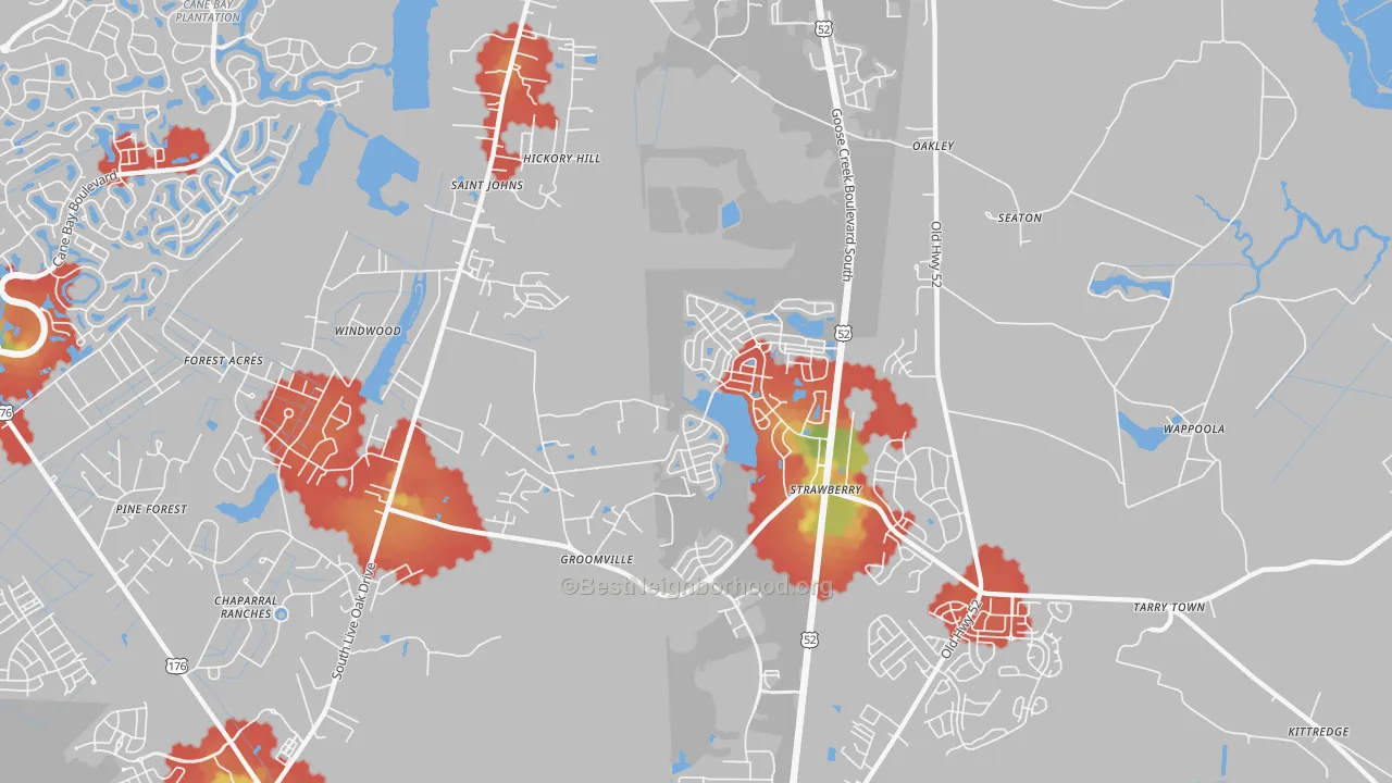 Walk Grade map of Strawberry, SC, walkable areas in green and car-dependent areas in red
