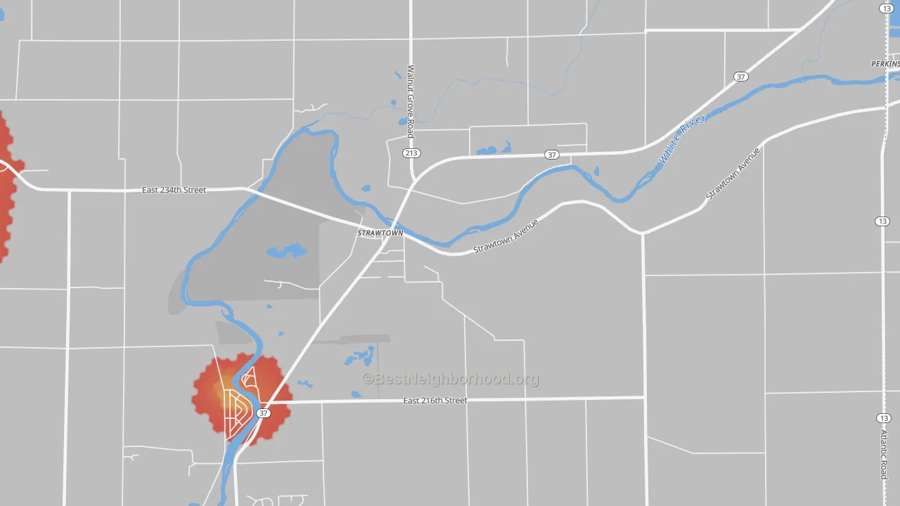 Walk Grade map of Strawtown, IN, walkable areas in green and car-dependent areas in red