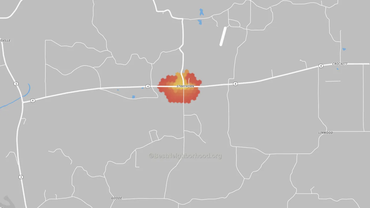 Walk Grade map of Strayhorn, MS, walkable areas in green and car-dependent areas in red