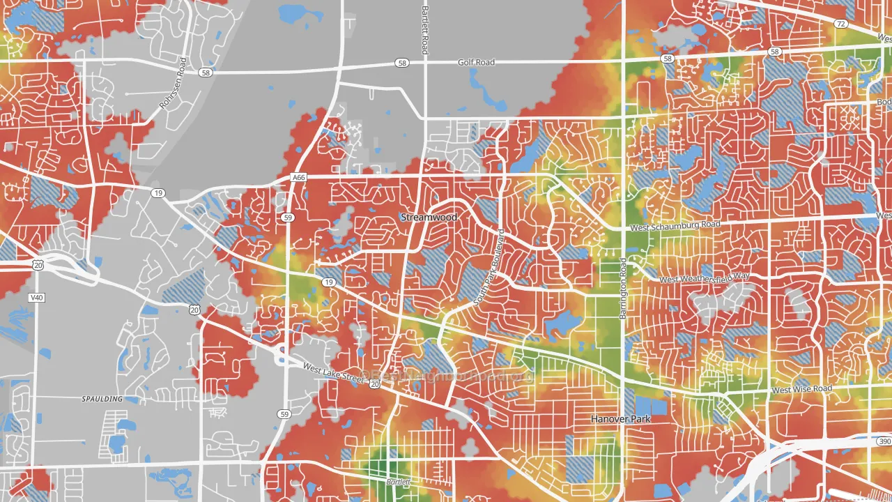 Walk Grade map of Streamwood, IL, walkable areas in green and car-dependent areas in red