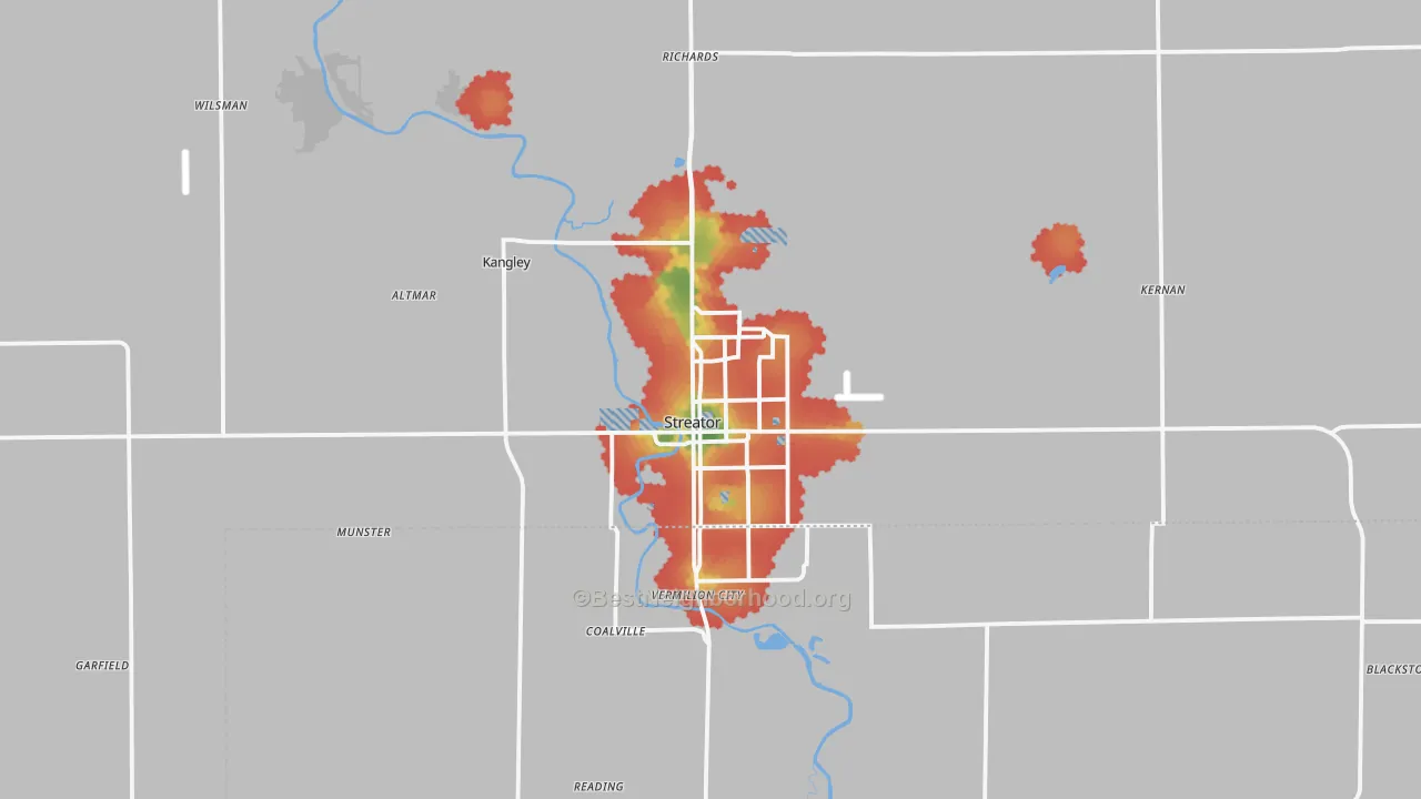 Walk Grade map of Streator, IL, walkable areas in green and car-dependent areas in red