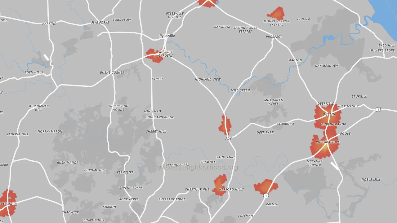 Walk Grade map of Street, MD, walkable areas in green and car-dependent areas in red