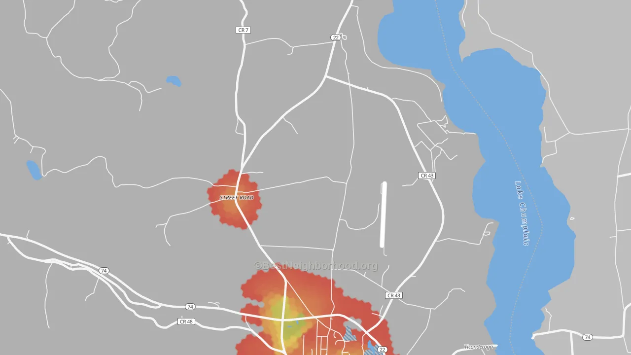 Walk Grade map of Street Road, NY, walkable areas in green and car-dependent areas in red
