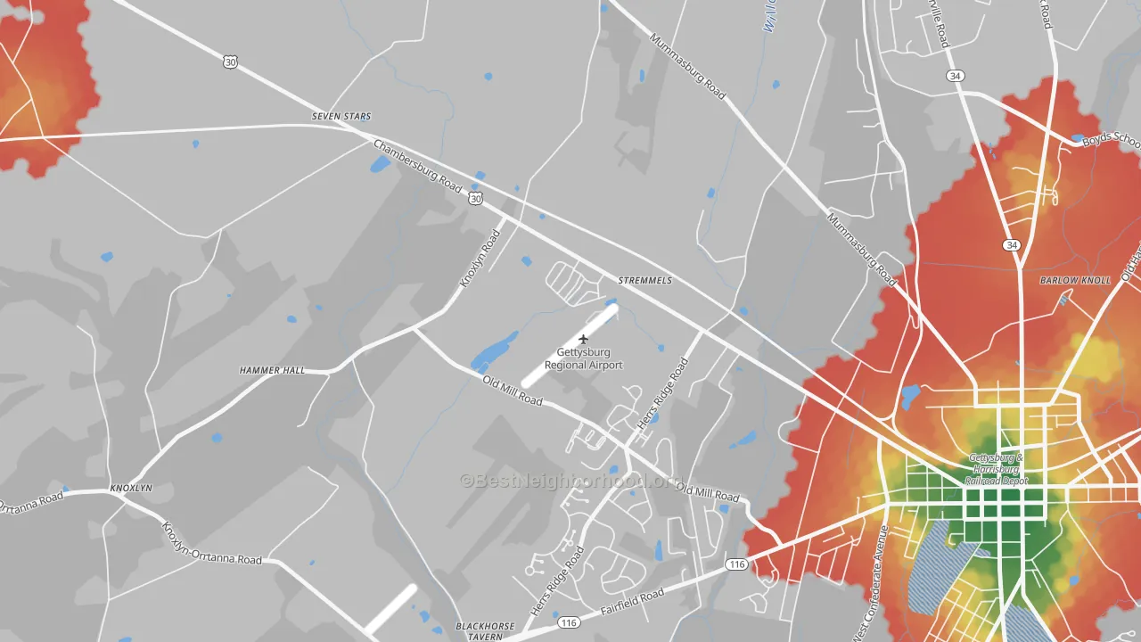 Walk Grade map of Stremmels, PA, walkable areas in green and car-dependent areas in red
