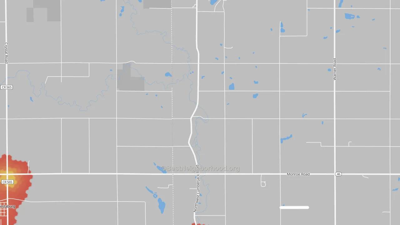 Walk Grade map of Strickland, MI, walkable areas in green and car-dependent areas in red