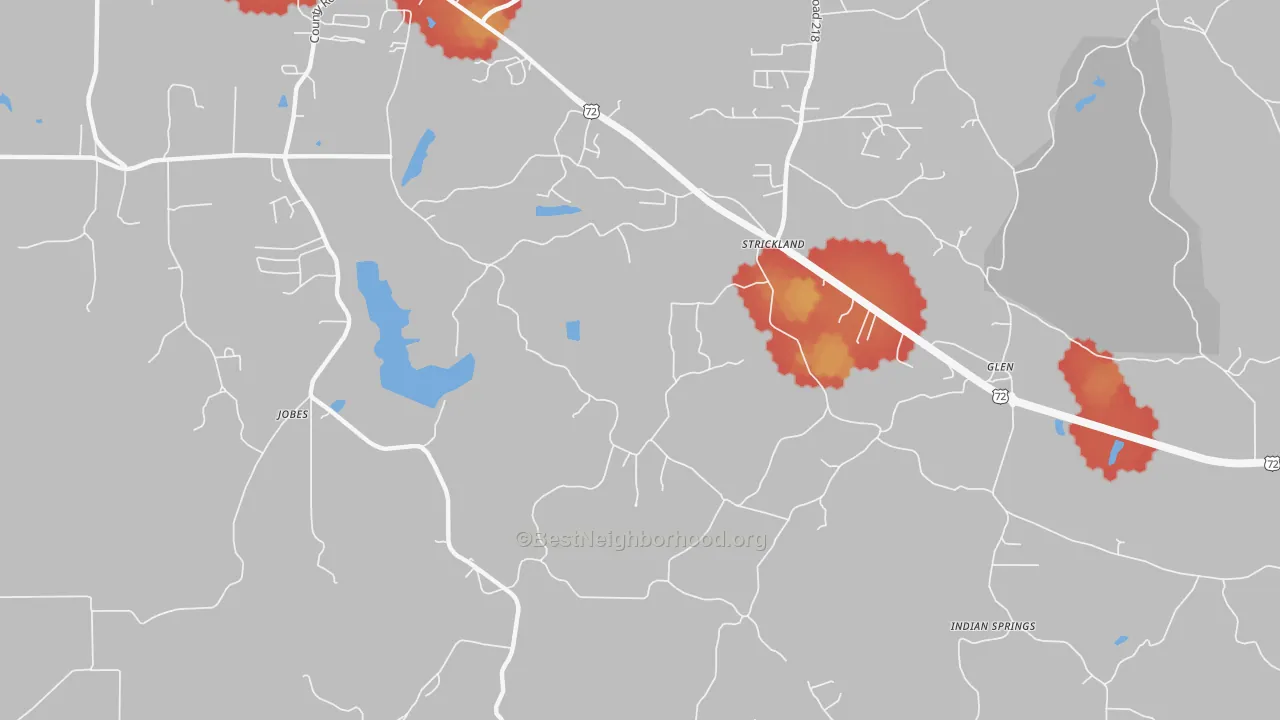 Walk Grade map of Strickland, MS, walkable areas in green and car-dependent areas in red