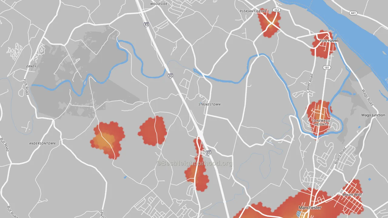 Walk Grade map of Strinestown, PA, walkable areas in green and car-dependent areas in red