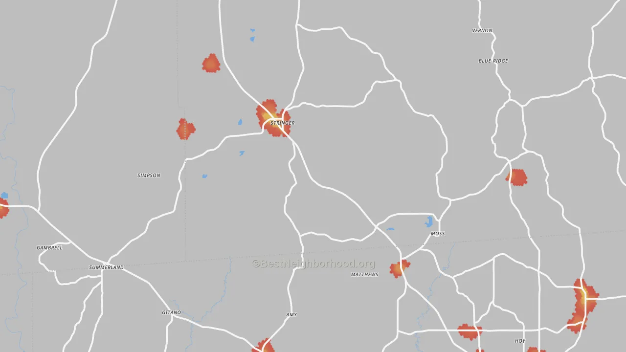 Walk Grade map of Stringer, MS, walkable areas in green and car-dependent areas in red