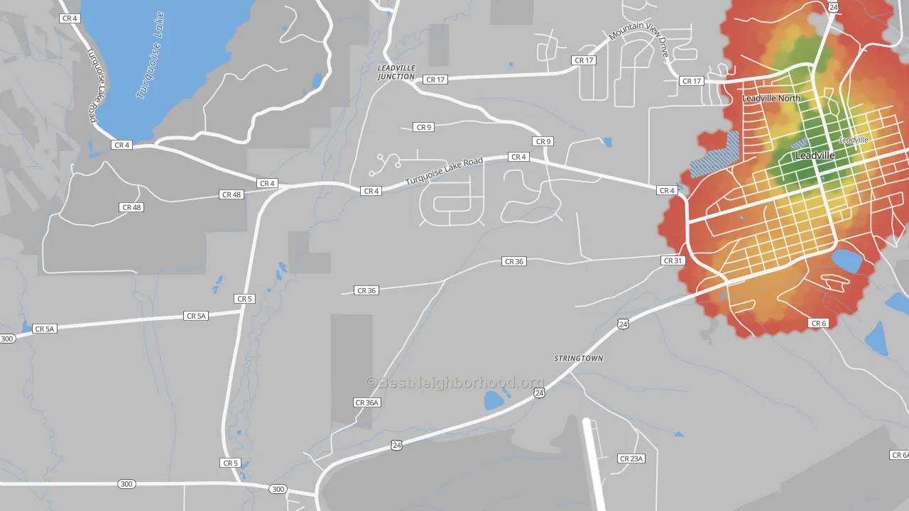 Walk Grade map of Stringtown, CO, walkable areas in green and car-dependent areas in red