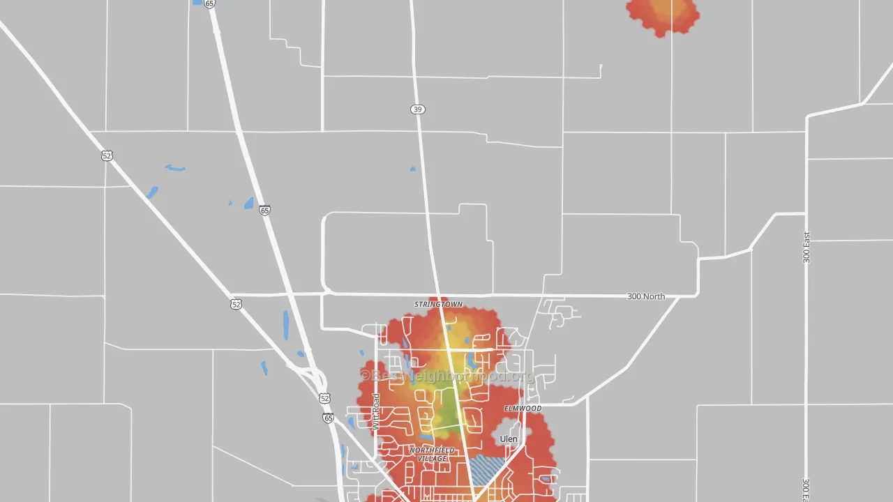 Walk Grade map of Stringtown, IN, walkable areas in green and car-dependent areas in red