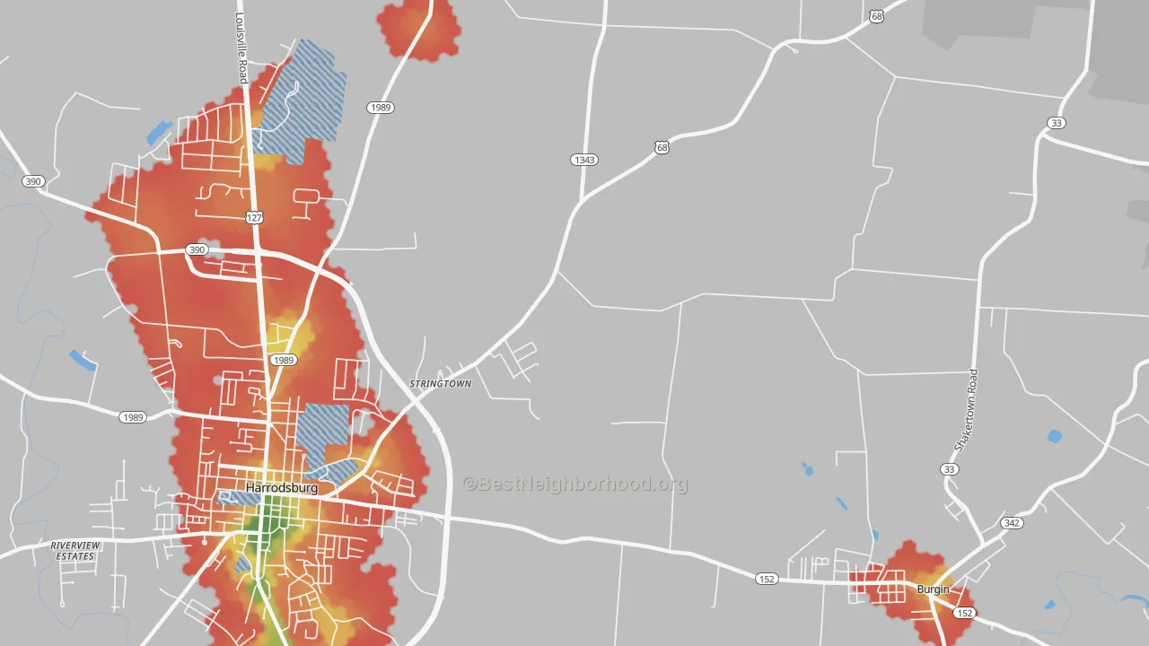 Walk Grade map of Stringtown, KY, walkable areas in green and car-dependent areas in red