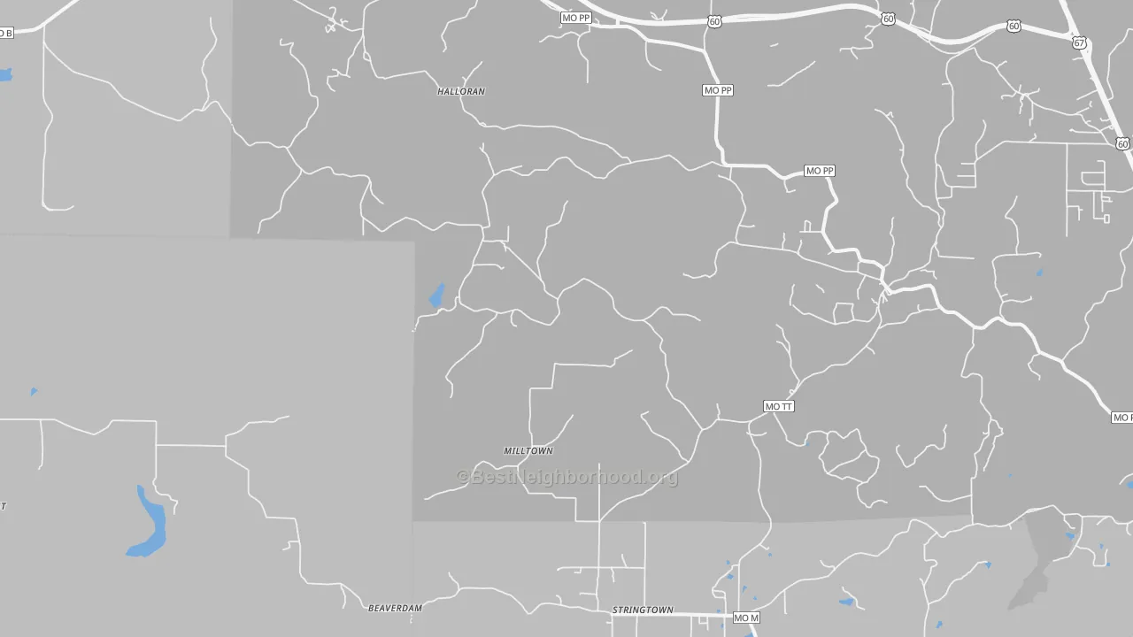 Walk Grade map of Stringtown, MO, walkable areas in green and car-dependent areas in red