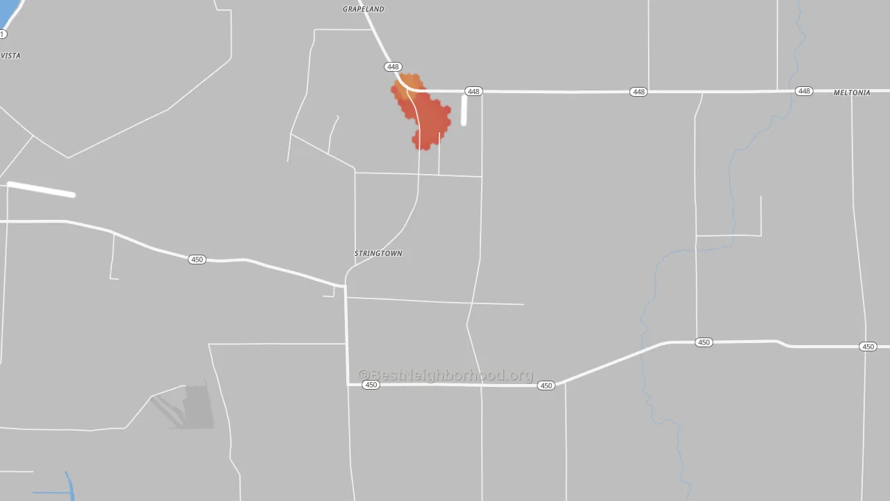 Walk Grade map of Stringtown, MS, walkable areas in green and car-dependent areas in red