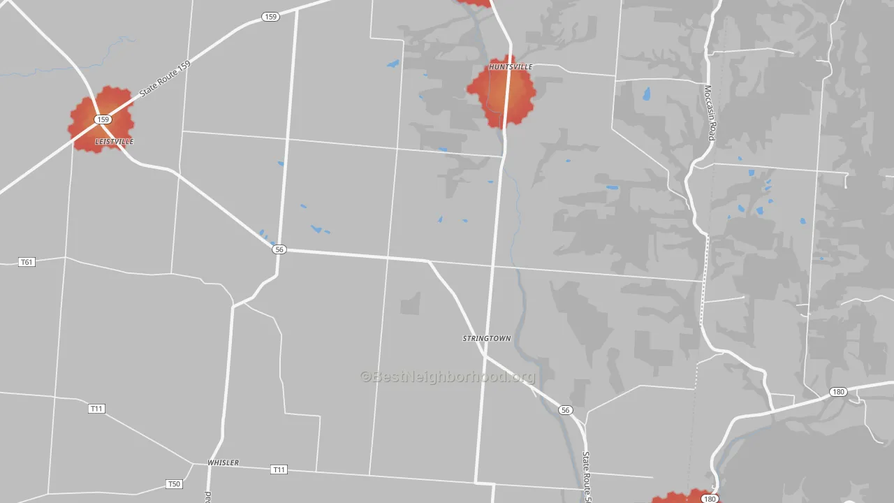 Walk Grade map of Stringtown, OH, walkable areas in green and car-dependent areas in red