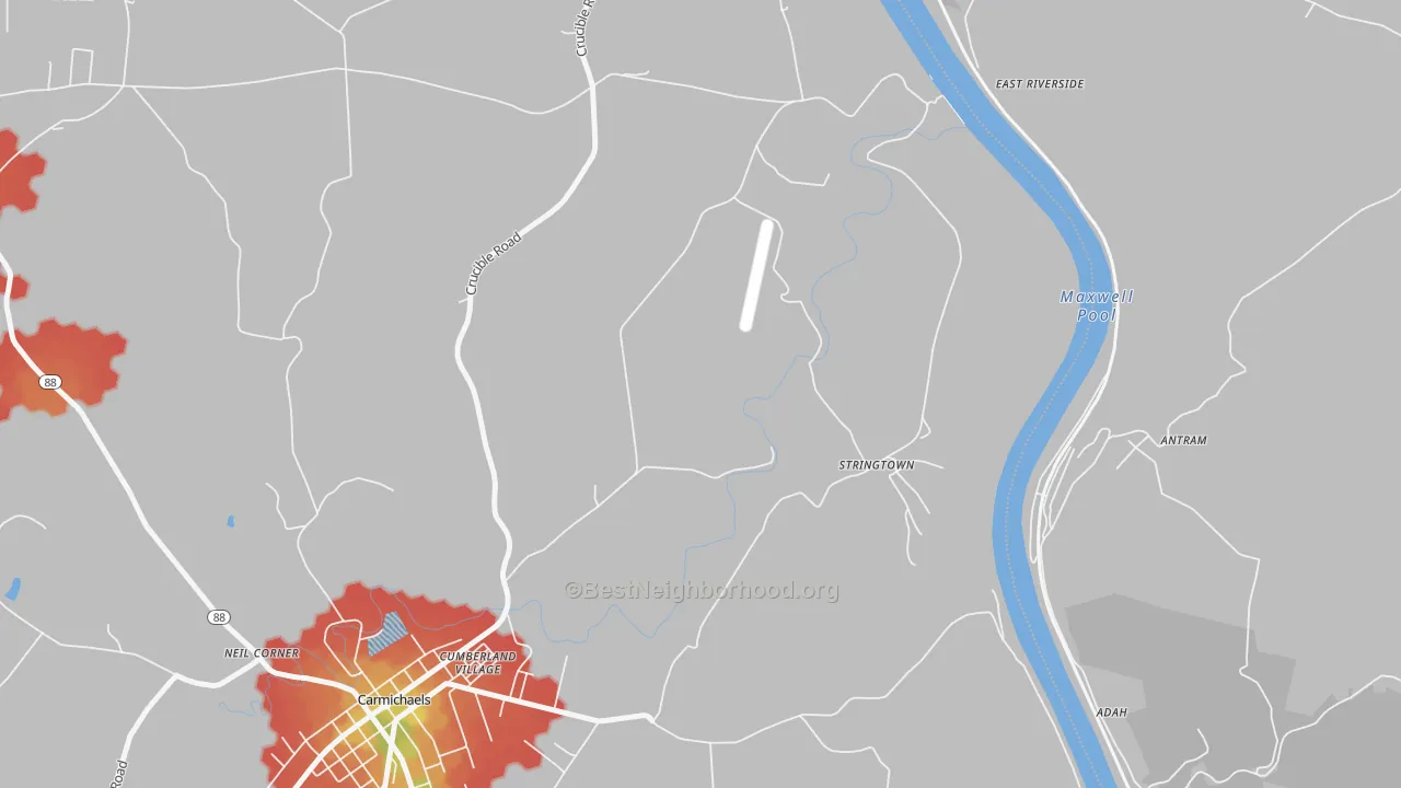 Walk Grade map of Stringtown, PA, walkable areas in green and car-dependent areas in red