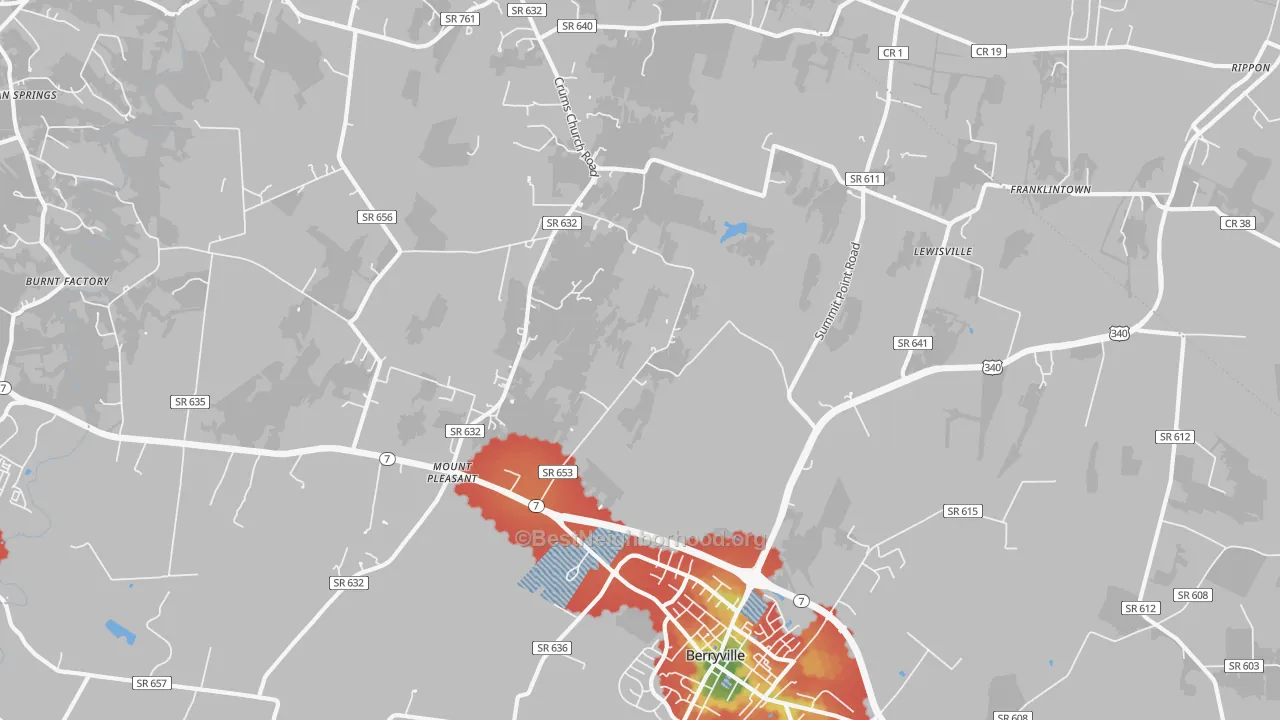Walk Grade map of Stringtown, VA, walkable areas in green and car-dependent areas in red
