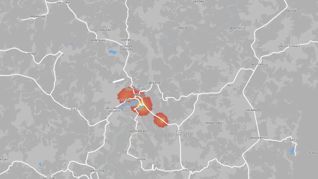 Walk Grade map of Stringtown, WV, walkable areas in green and car-dependent areas in red