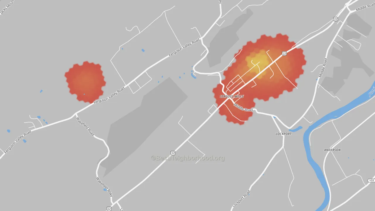 Walk Grade map of Strodes Mills, PA, walkable areas in green and car-dependent areas in red