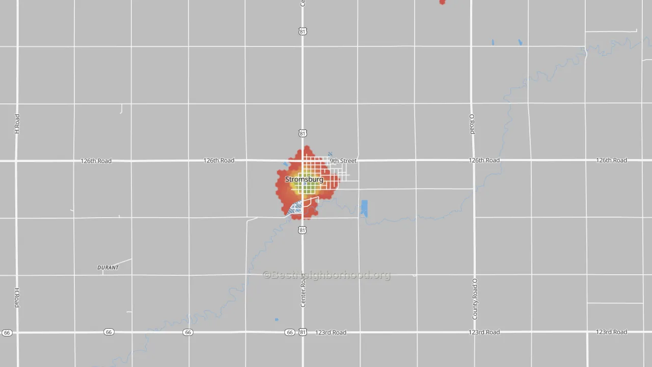 Walk Grade map of Stromsburg, NE, walkable areas in green and car-dependent areas in red