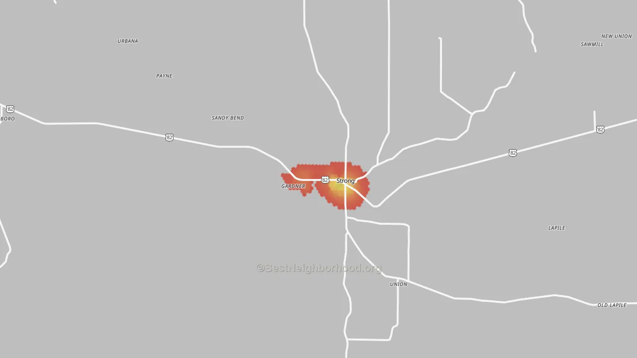 Walk Grade map of Strong, AR, walkable areas in green and car-dependent areas in red