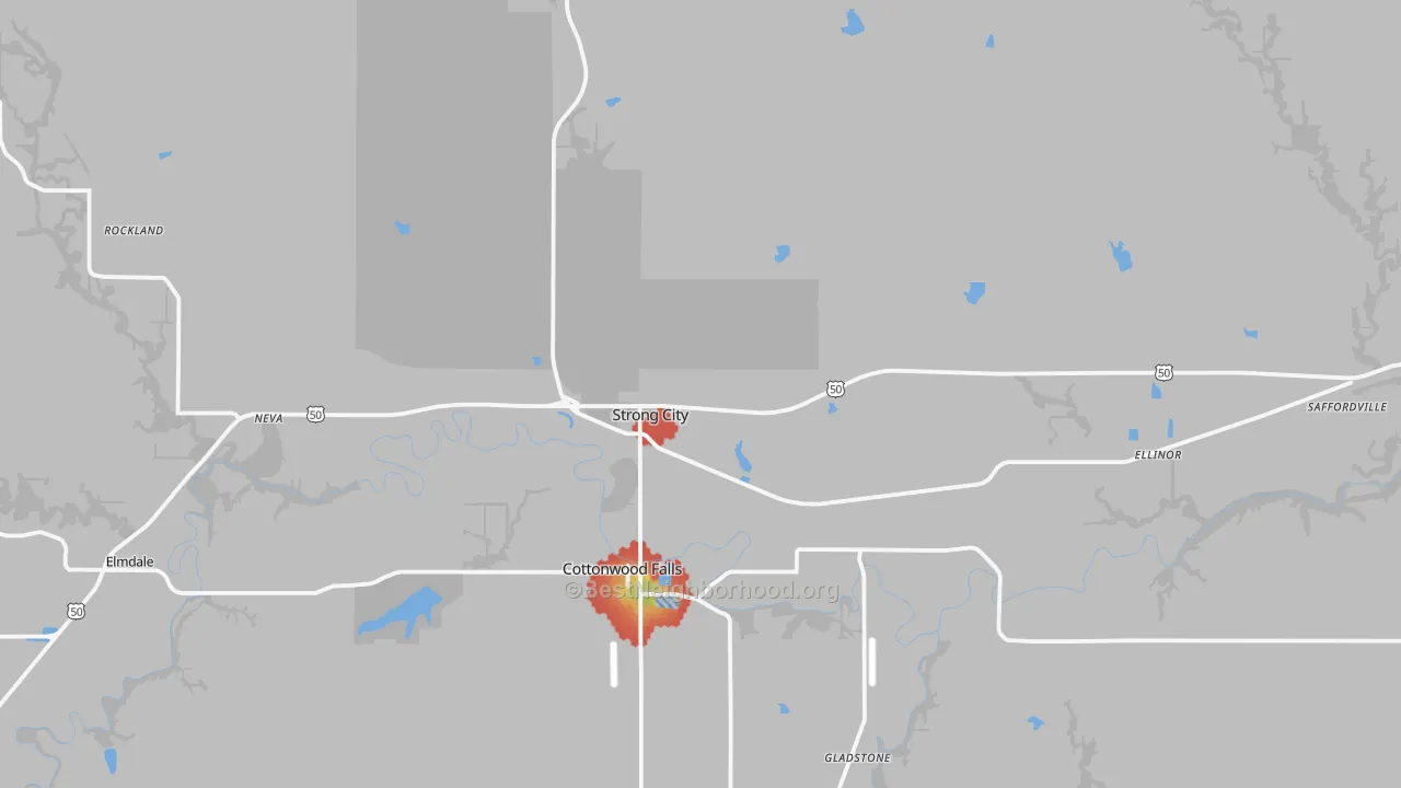 Walk Grade map of Strong City, KS, walkable areas in green and car-dependent areas in red