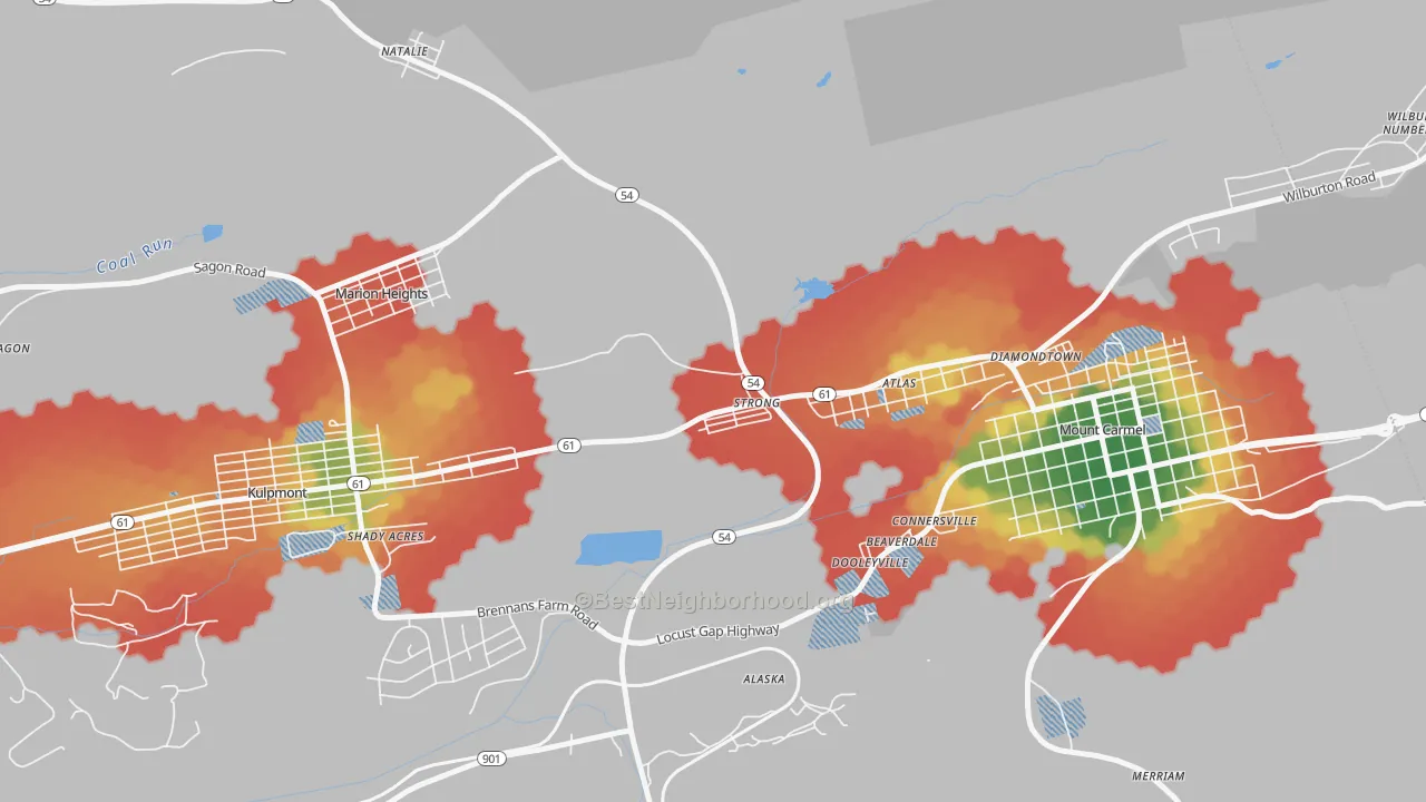 Walk Grade map of Strong, PA, walkable areas in green and car-dependent areas in red