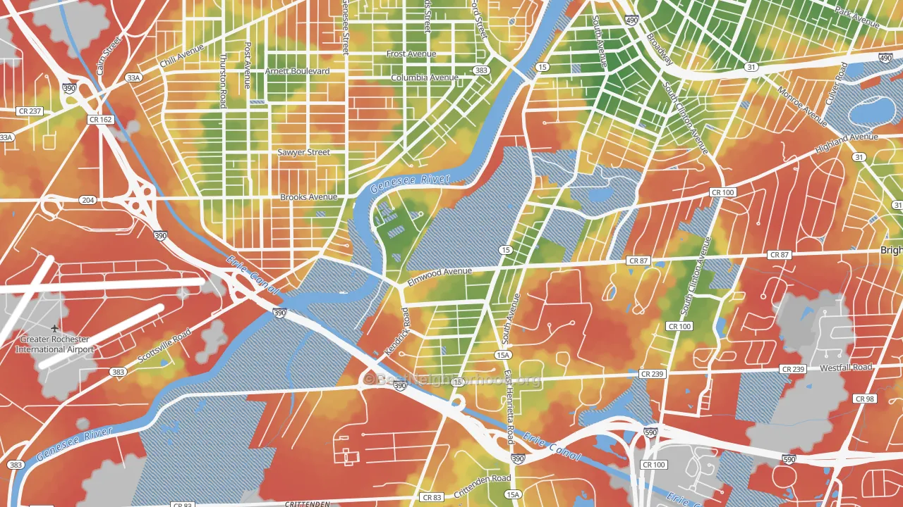 Walk Grade map of Strong, Rochester, NY, walkable areas in green and car-dependent areas in red